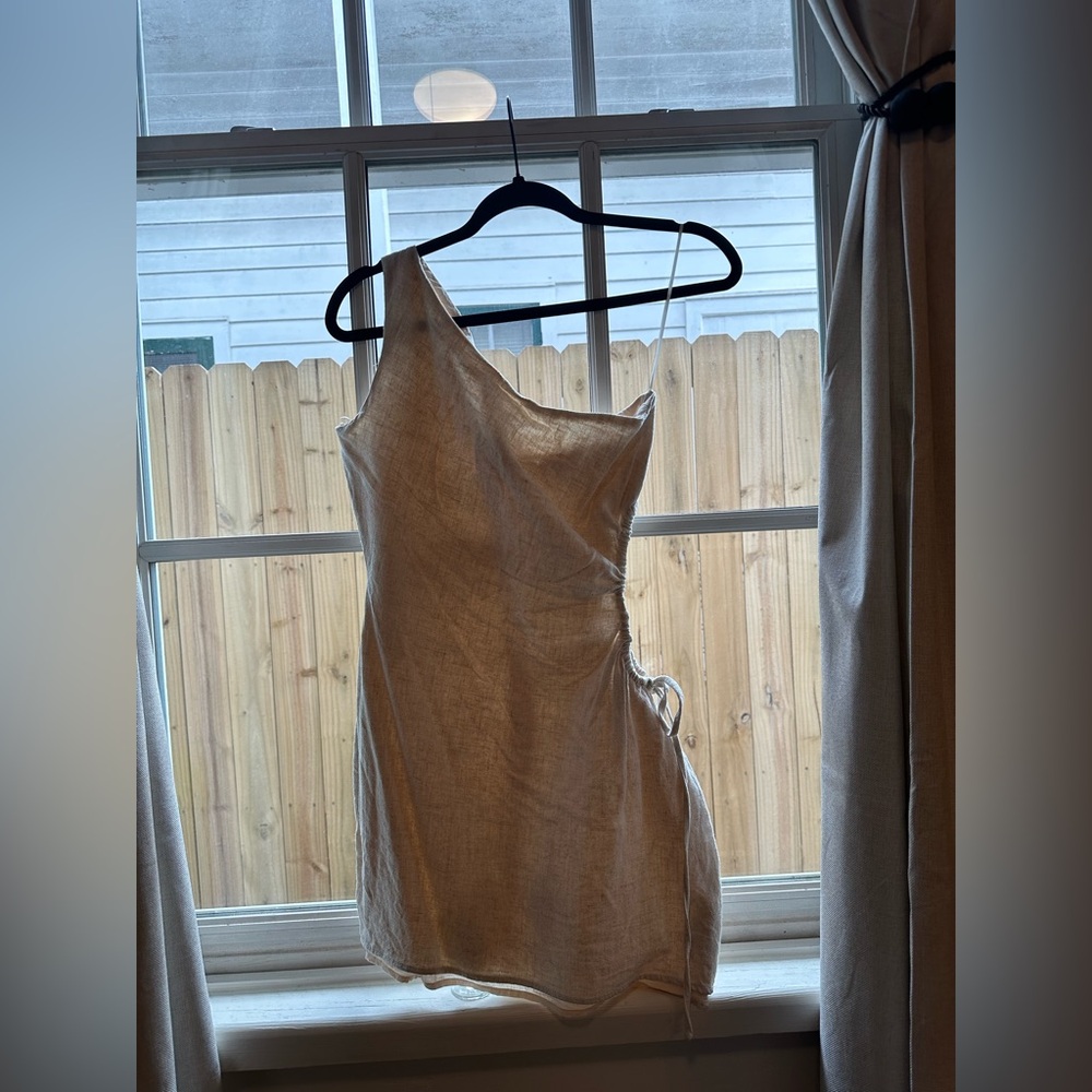 One Shoulder Beige Linen Dress with Open Side - Picture 3 of 4